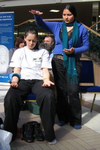Sahaja Yogini in Newcastle, standing during workshop