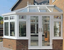 conservatory, modern white double glazing and french doors